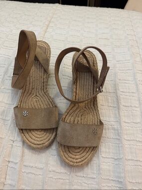 Tory Burch Beige Suede Espadrille Ankle-Strap Sandals